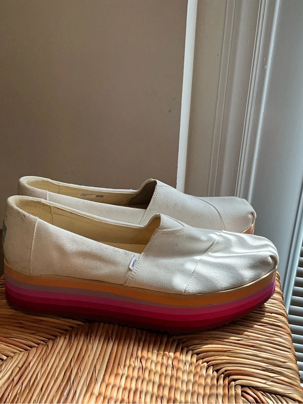 Women’s Toms Ivory Canvas Platform Slip-Ons with Rainbow Layered Sole size 12